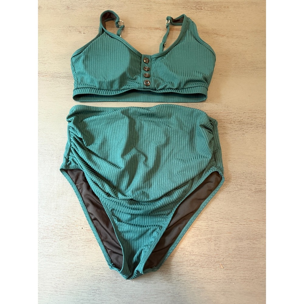 Ribbed High-Waist One-Piece Swimsuit in Teal